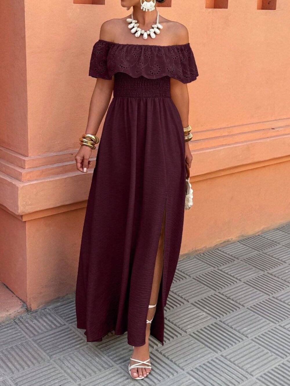 Burgundy Boho Women's Off-Shoulder Ruffle Patchwork Dress